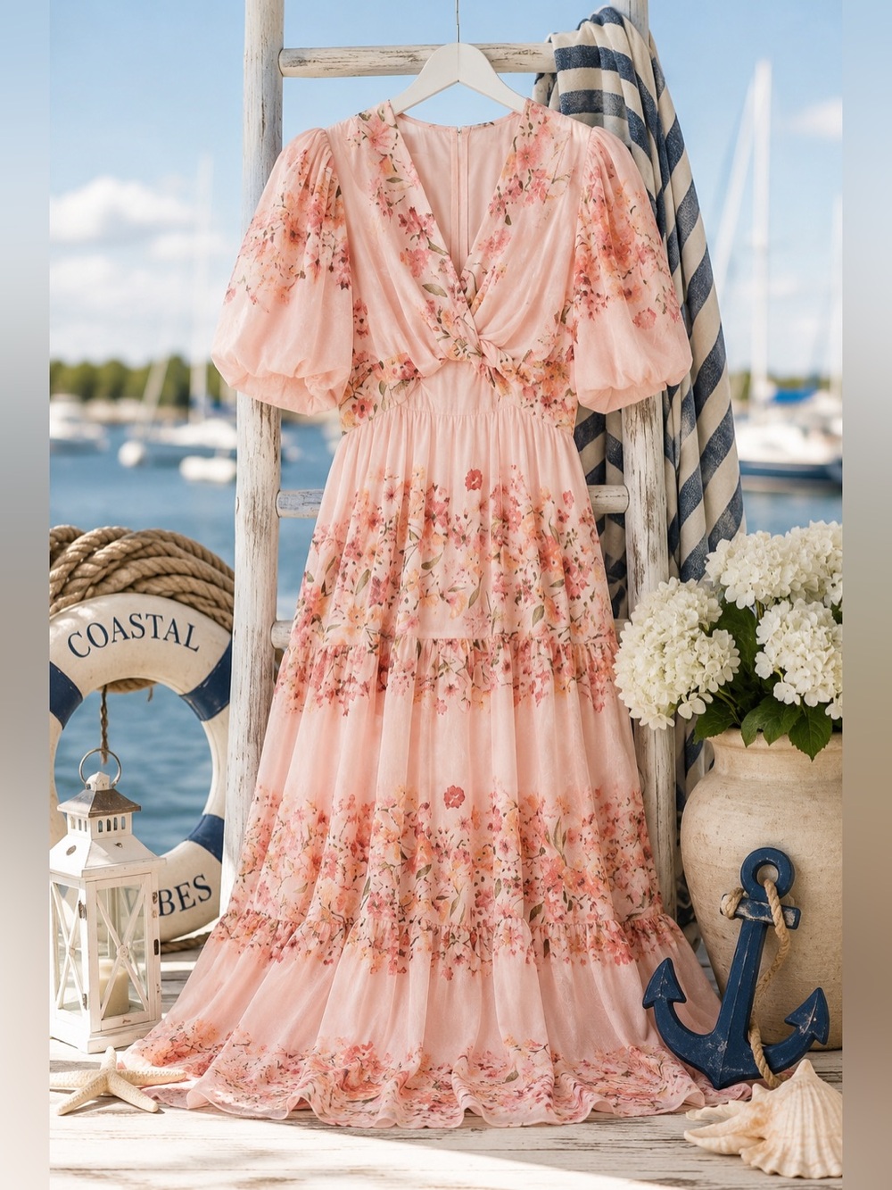 NWT Taylor Floral Puff Sleeve Tiered Maxi Dress Pink Romantic Cottagecore Size 8